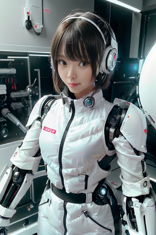 A girl in a futuristic bright white heavily armored robot suit takes a photo、perfect android girl, Female cyborg body, Perfect anime cyborg woman, Beautiful female android!, Female Robot, completely robot!! girl, Cute cyborg girl, Cyber Suit, Girl wearing mecha cybernetic armor, Cyber Suit, beutiful white girl cyborg, Beautiful female android, Beautiful girl cyborg、Cute cyborg girl with short bob hair、Beautiful android sculpture model、(Laughter)、((Rounded, white, sturdy armor))、(((Equipped with long sensor antennas on both ears)))、(((Robot Girl)))、(((Android girls)))、