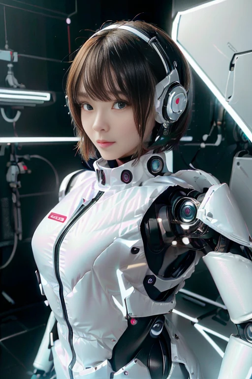 A girl in a futuristic bright white heavily armored robot suit takes a photo、perfect android girl, Female cyborg body, Perfect anime cyborg woman, Beautiful female android!, Female Robot, completely robot!! girl, Cute cyborg girl, Cyber Suit, Girl wearing mecha cybernetic armor, Cyber Suit, beutiful white girl cyborg, Beautiful female android, Beautiful girl cyborg、Cute cyborg girl with short bob hair、Beautiful android sculpture model、(Laughter)、((Rounded, white, sturdy armor))、(((Equipped with long sensor antennas on both ears)))、(((Robot Girl)))、(((Android girls)))、