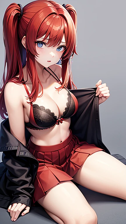 An anime girl with red hair and blue eyes wearing a skirt and an open shirt revealing a black and red bra