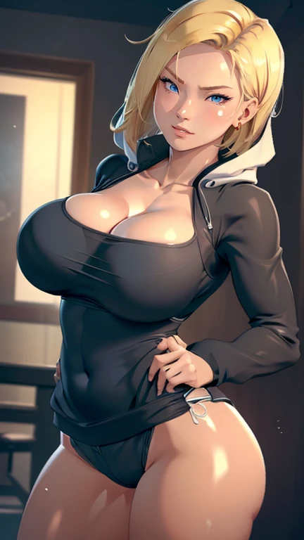 （（（完美number，number，Solitary， （（（SS，hoodie，hood, shorts, Umbilical cord,hood down,））），（（（and 18, Robot 18, Blonde Hair, blue eyes, short hair, ））），((masterpiece)),high resolution, ((Best quality at best))，masterpiece，quality，Best quality，（（（ Exquisite facial features，looking at the audience,There is light in the eyes，(（（angry，Serious））)，））），型number:1.7））），（（（light and shadow，(((Large Breasts、Breast sagging、Low-cut，Cleavage，Wide hips,)))((Long legs))））），（（（Looking at the camera，black background，）））