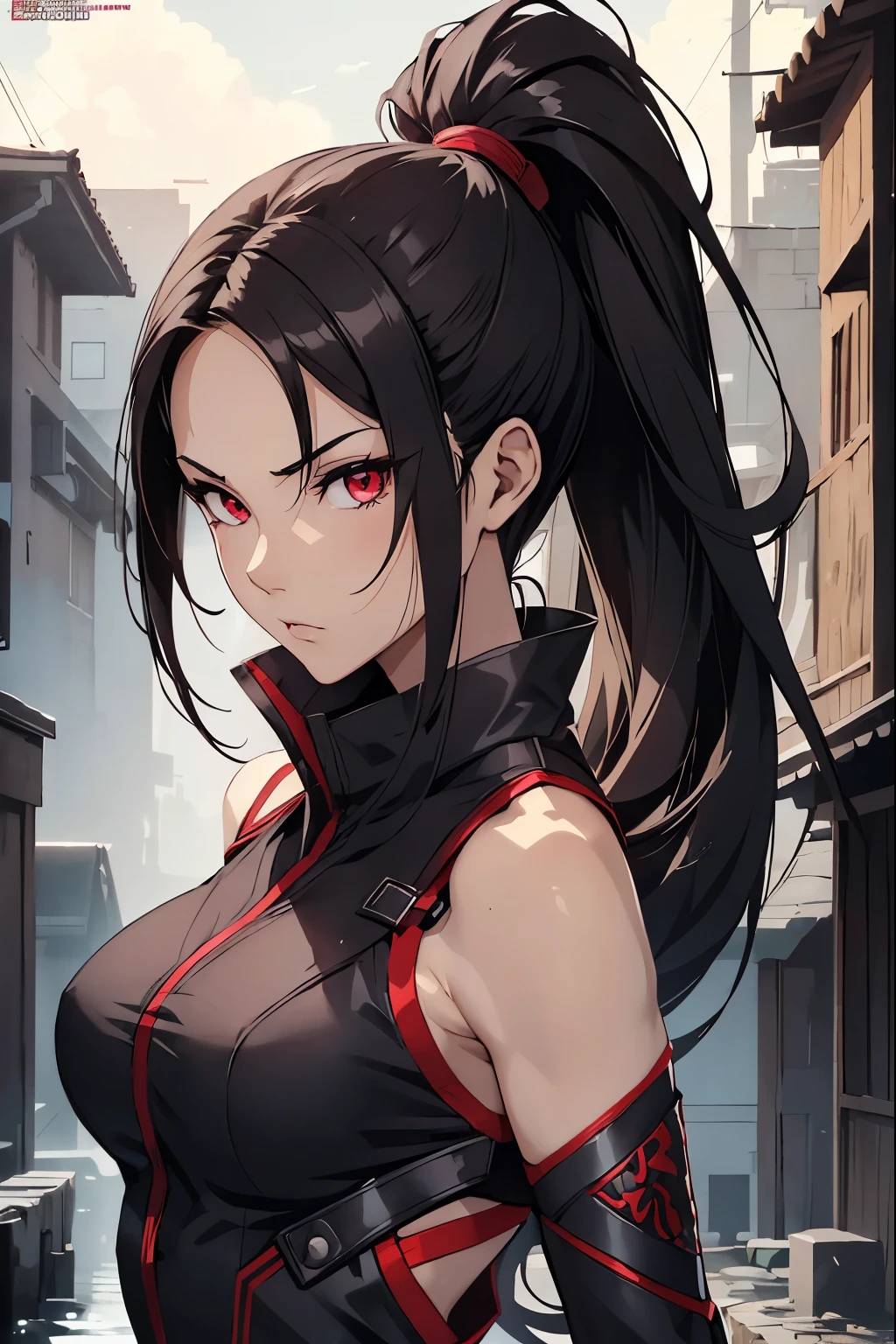 1 kunoichi, fair skin, red eyes, long dark hair, ponytail, brown eyes, ((detailed eyes:1.2)), medium breasts, wearing ninja suit, sexy, sensual, open back, sleeveless, masterpiece, top quality, best quality, official art, beautiful and aesthetic:1.2), extreme detailed, colorful, highest detailed