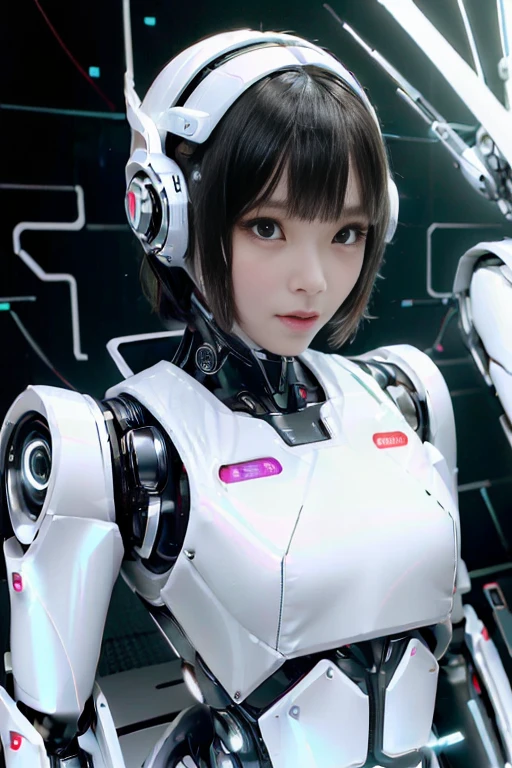A girl in a futuristic bright white heavily armored robot suit takes a photo、perfect android girl, Female cyborg body, Perfect anime cyborg woman, Beautiful female android!, Female Robot, completely robot!! girl, Cute cyborg girl, Cyber Suit, Girl wearing mecha cybernetic armor, Cyber Suit, beutiful white girl cyborg, Beautiful female android, Beautiful girl cyborg、Cute cyborg girl with short bob hair、Beautiful android sculpture model、(Laughter)、((Rounded, white, sturdy armor))、(((Equipped with long sensor antennas on both ears)))、(((Robot Girl)))、(((Android girls)))、