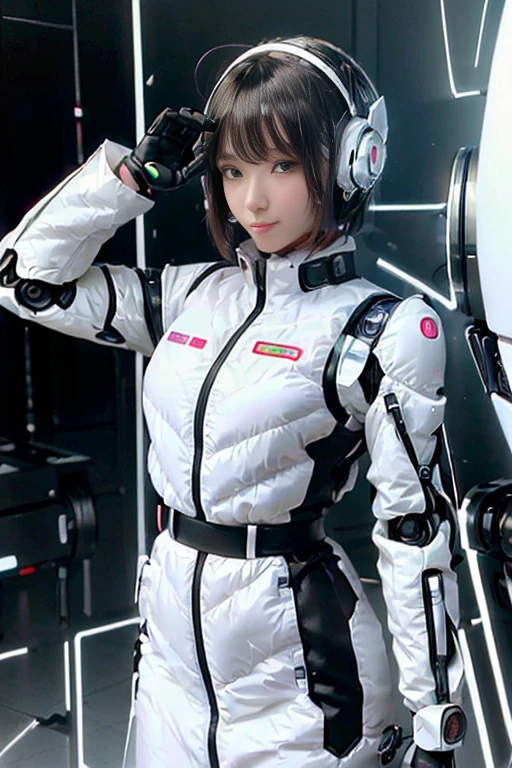 A girl in a futuristic bright white heavily armored robot suit takes a photo、perfect android girl, Female cyborg body, Perfect anime cyborg woman, Beautiful female android!, Female Robot, completely robot!! girl, Cute cyborg girl, Cyber Suit, Girl wearing mecha cybernetic armor, Cyber Suit, beutiful white girl cyborg, Beautiful female android, Beautiful girl cyborg、Cute cyborg girl with short bob hair、Beautiful android sculpture model、(Laughter)、((Rounded, white, sturdy armor))、(((Equipped with long sensor antennas on both ears)))、(((Robot Girl)))、(((Android girls)))、