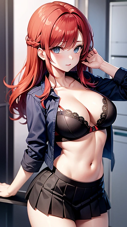 An anime girl with red hair and blue eyes wearing a skirt and an open shirt revealing a black and red bra