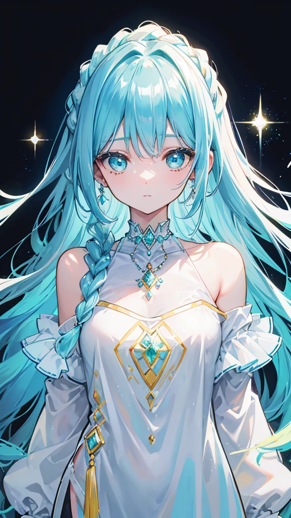 With braids,Shiny, Moist and crystal clear face,It has a lovely feel,Light cyan and light yellow color scheme,Wear a simple, solid off-the-shoulder T-shirt,Around his neck hangs a crystal clear silver necklace
