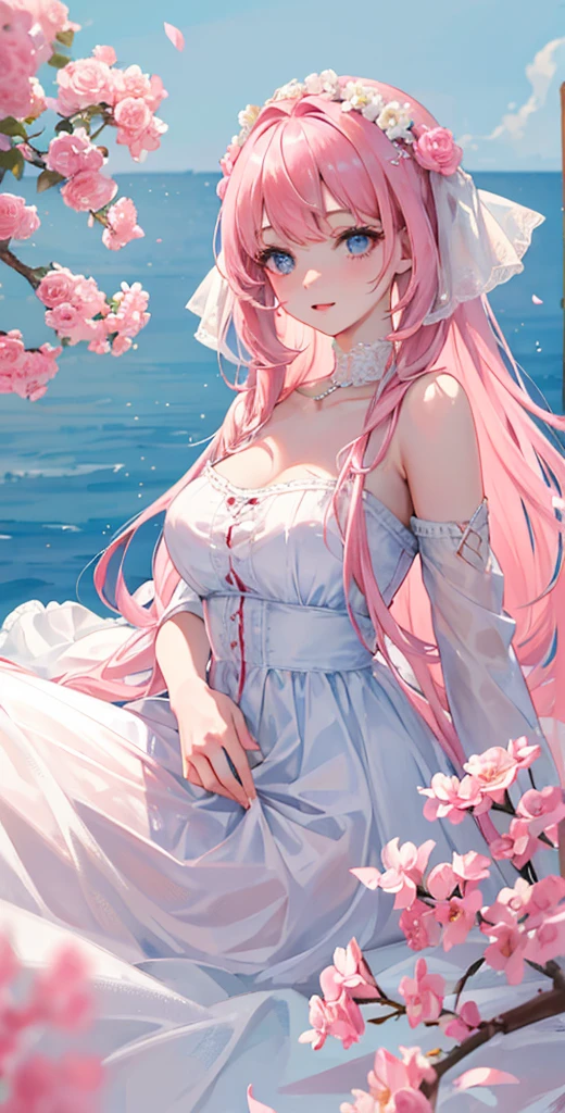 ((Masterpiece)), high quality, super detailed, pink hair + white clothing: 1.2, sweet and delicate girl, delicate facial features, perfect figure, surrounded by roses, bright bright colors, pearl white background, romantic long hair, natural light, warm and sweet, blue eyes, flower hair decoration.