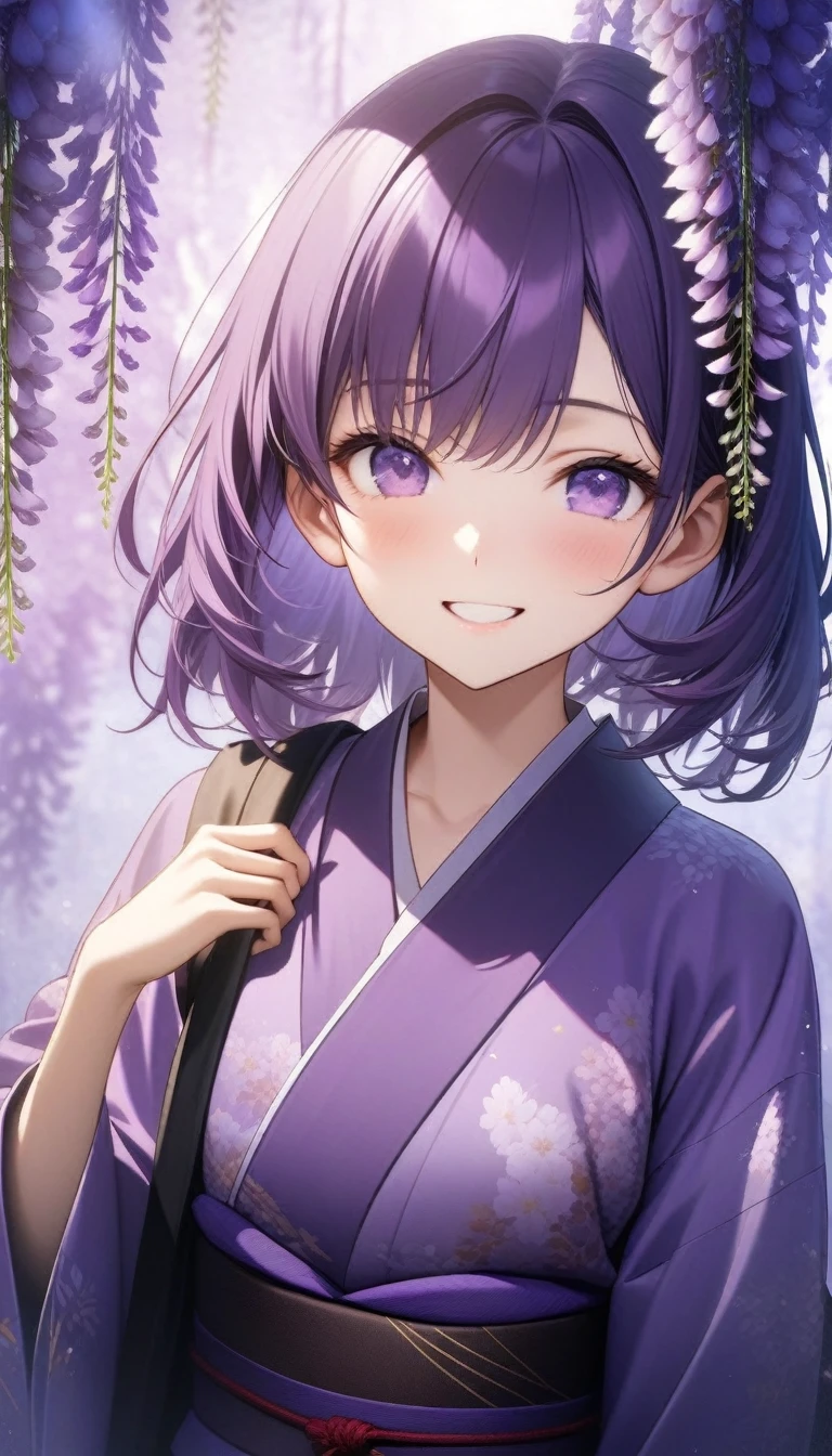 32k, best quality, ultra high res, HDR, UHD, extremely detailed CG, unity 32k wallpaper, (((hight quality))), (((high-level image quality))), ((smile)), (((hight quality wisteria flowers background))), (((purple hair))), (((purple eyes))), (((18 years old))), (((illustration))), (((purple light particles))), (((purple kimono))), (((purple Japanese clothes))),