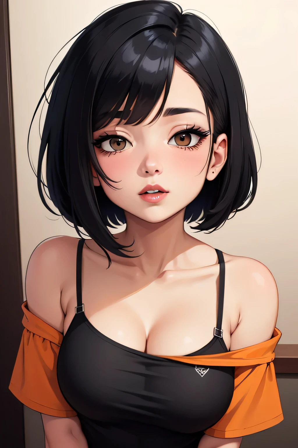 Amazing portrait of a cute goth woman with her short black hair in a bob hairstyle and she's wearing heavy eyeliner around her eyes and she's gazing at you seductively she wears an off shoulder t shirt that is orange and black with black bra straps