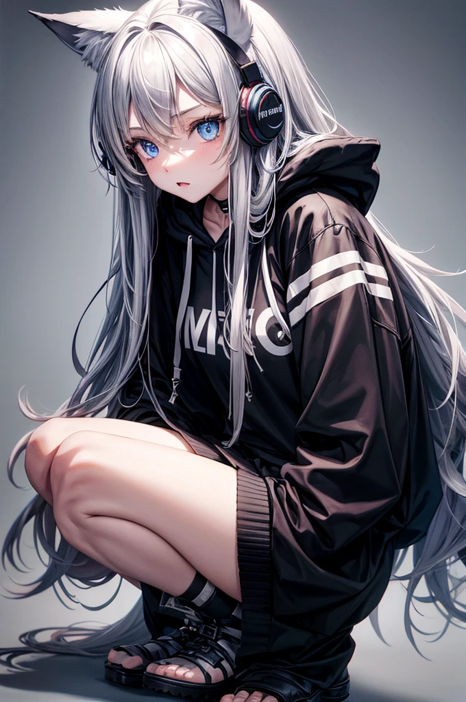 Teenage girl with long hair, wolf ears, wearing black hoodie and medium length skirt, blue eyes, grey background, wearing headphones, nervous