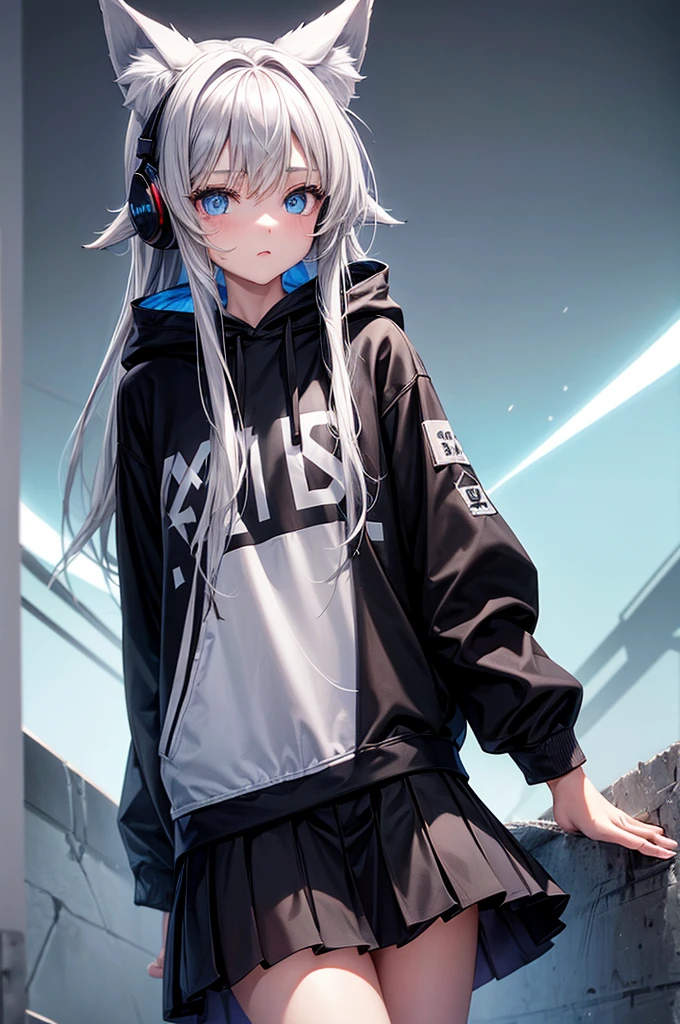 girl with long hair, wolf ears, wearing black hoodie and medium length skirt, blue eyes, grey background, wearing headphones, nervous