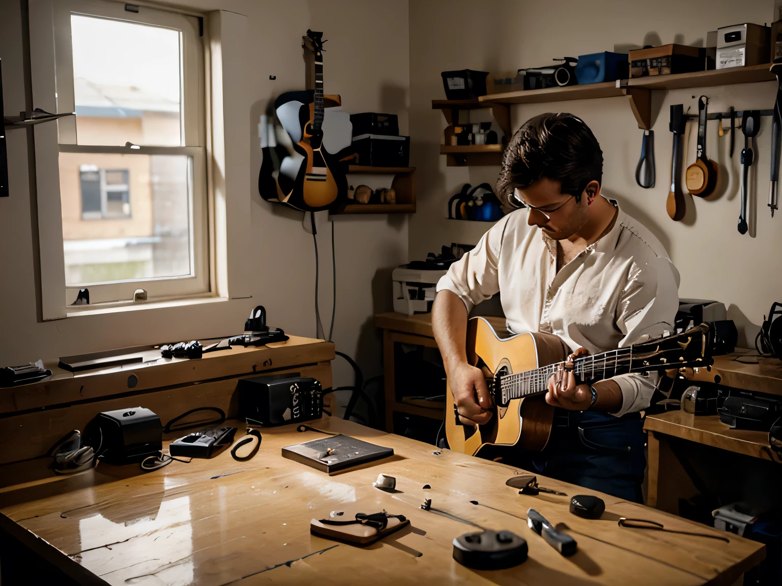 medium shot, man repairing guitar on a workbench