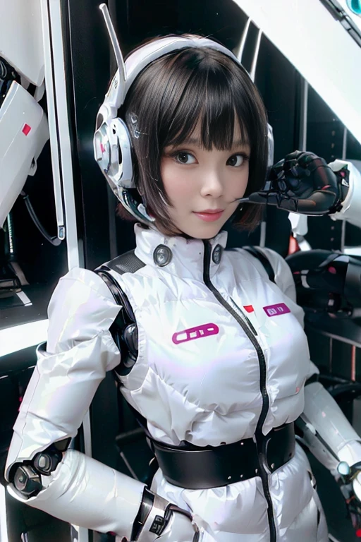 A girl in a futuristic bright white heavily armored robot suit takes a photo、perfect android girl, Female cyborg body, Perfect anime cyborg woman, Beautiful female android!, Female Robot, completely robot!! girl, Cute cyborg girl, Cyber Suit, Girl wearing mecha cybernetic armor, Cyber Suit, beutiful white girl cyborg, Beautiful female android, Beautiful girl cyborg、Cute cyborg girl with short bob hair、Beautiful android sculpture model、(Laughter)、((Rounded, white, sturdy armor))、(((Equipped with long sensor antennas on both ears)))、(((Robot Girl)))、(((Android girls)))、