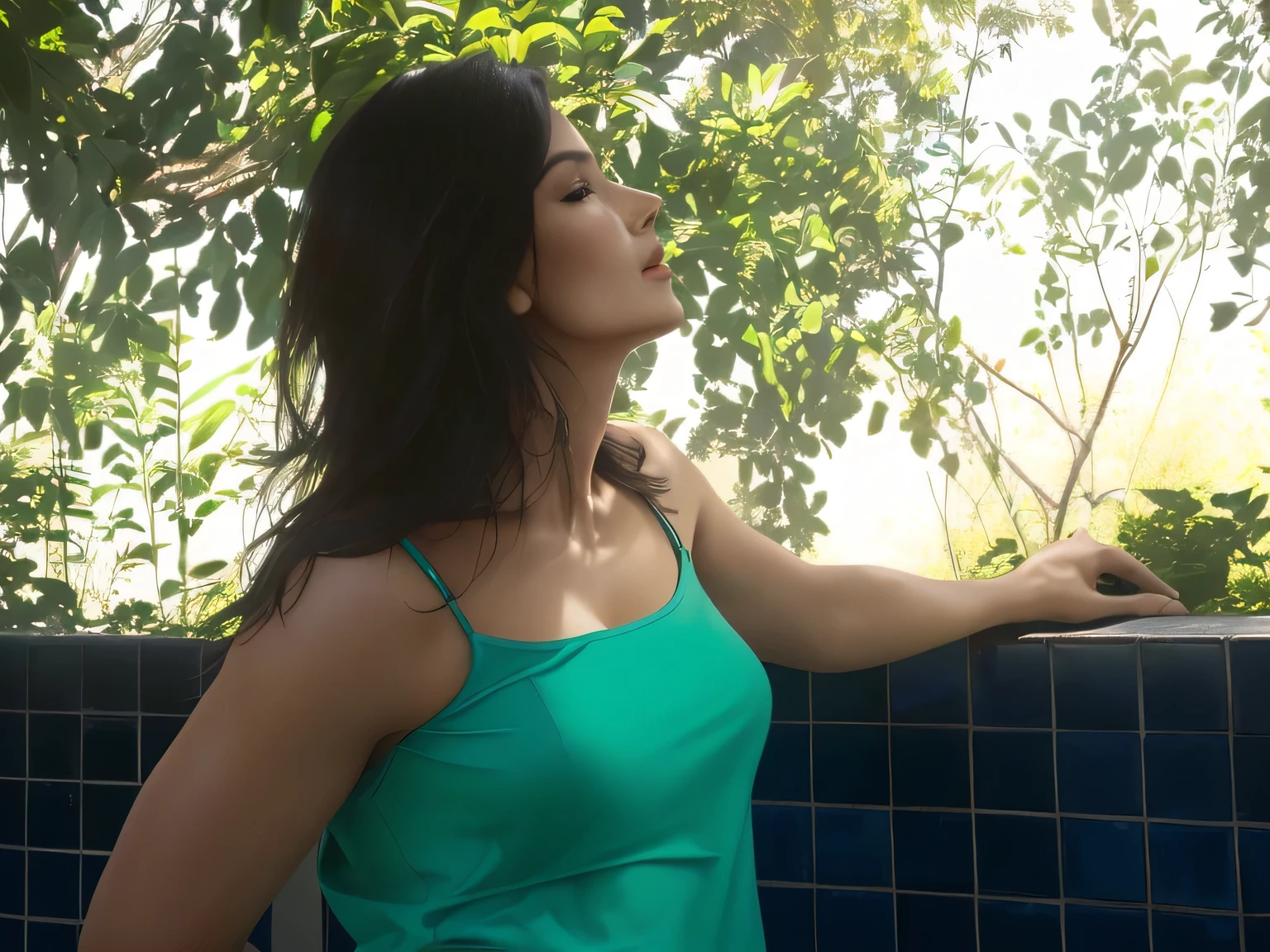 In the portrait, a beautiful Brazilian woman with white skin, short dark brown hair, wearing a green tank top, woman leaning against a blue tile wall, seen from the side, looking up, left hand resting on a wall with blue tiles, wearing a green tank top, sensual pose, photo from the side, looking to the side, seen from the side, an extremely provocative and sexy woman. Fitness woman, perfect arms, perfect body, trees in the background, side chest, side profile photo, trees in the background. She is around 40 years old, 162 cm tall and weighs 56 kg. Her body exudes glamor and her face is a definition of beauty. Slender body, thin waist. Highly realistic, hyperrealism, very elaborate skin, high quality photo. Sharp Photo, High Resolution, High Quality, Masterpiece, 16K Photo, Sharp Photo, High Contrast, Masterpiece, (Photographically Realistic), NUDE, NUDITY, NFSW.