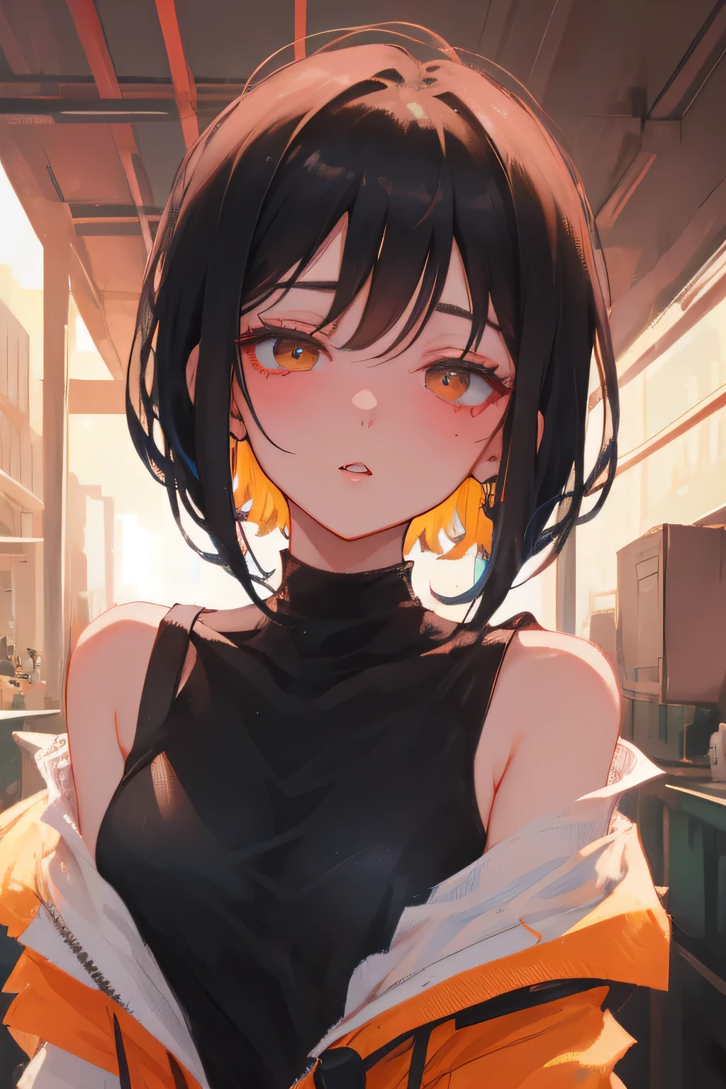 Amazing portrait of a cute goth woman with her short black hair in a bob hairstyle and she's wearing heavy eyeliner around her eyes and she's gazing at you seductively she wears an off shoulder t shirt that is orange and black with black bra straps