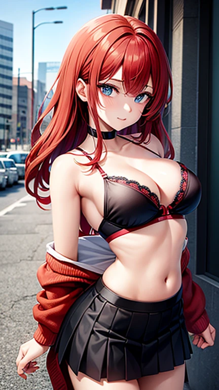 An anime girl with red hair and blue eyes wearing a skirt and an open shirt revealing a black and red bra