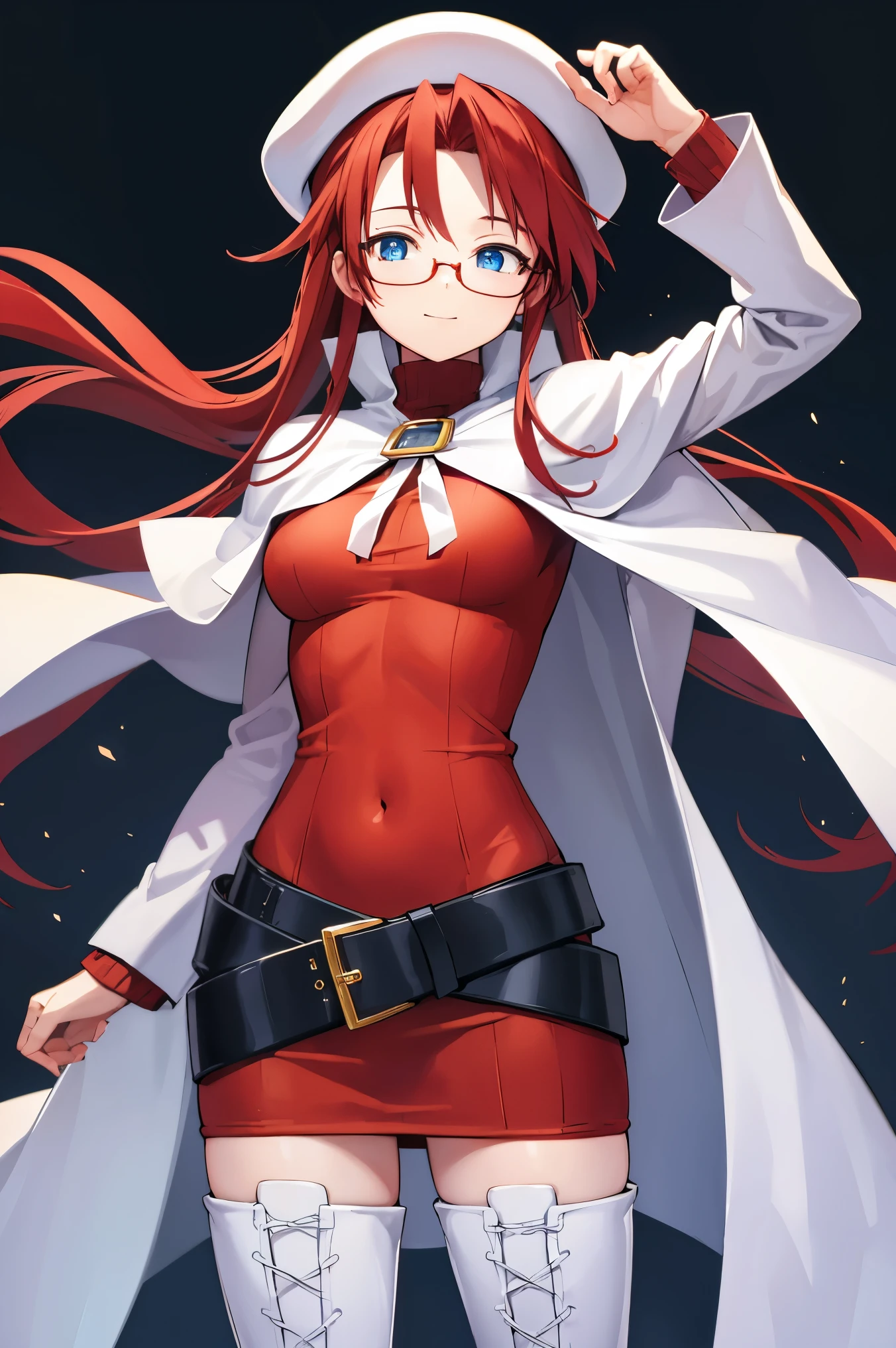 summonnightaty, aty, (young:1.3),long hair, blue eyes, red hair, large_beret, hat, glasses,
BREAK long hair, thighhighs, hat, dress, boots, glasses, belt, cape, sweater, zettai ryouiki, beret, thigh boots, white footwear, ribbed sweater, loose belt,solo,
BREAK outdoors, fantasy,on_beach
,Highquality_hads,perfect_fingers,
BREAK (masterpiece:1.2), best quality, high resolution, unity 8k wallpaper, (illustration:0.8), (beautiful detailed eyes:1.6), extremely detailed face, perfect lighting, extremely detailed CG, (perfect hands, perfect anatomy),covered_nipples,covered_navel ,half_eyes,long_sword,sleepy,standing,red_sweater,apart_knees,magical_effect,spread_legs, have_a_book,teacher,rise_knee,Smile,rise_hand,look_down_viewer,open_arms,
