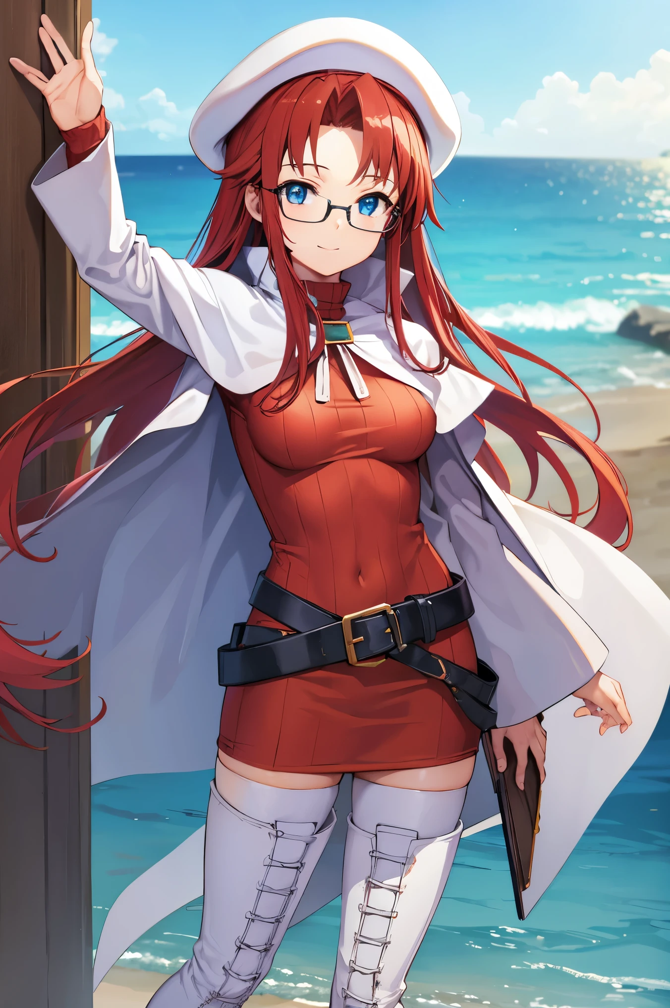 summonnightaty, aty, (young:1.3),long hair, blue eyes, red hair, large_beret, hat, glasses,
BREAK long hair, thighhighs, hat, dress, boots, glasses, belt, cape, sweater, zettai ryouiki, beret, thigh boots, white footwear, ribbed sweater, loose belt,solo,
BREAK outdoors, fantasy,on_beach
,Highquality_hads,perfect_fingers,
BREAK (masterpiece:1.2), best quality, high resolution, unity 8k wallpaper, (illustration:0.8), (beautiful detailed eyes:1.6), extremely detailed face, perfect lighting, extremely detailed CG, (perfect hands, perfect anatomy),covered_nipples,covered_navel ,half_eyes,long_sword,sleepy,standing,red_sweater,apart_knees,magical_effect,spread_legs, have_a_book,teacher,rise_knee,Smile,rise_hand,look_down_viewer,open_arms,