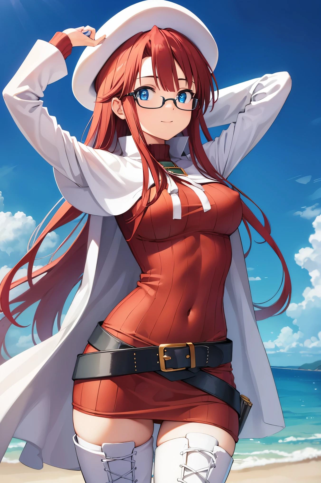 summonnightaty, aty, (young:1.3),long hair, blue eyes, red hair, large_beret, hat, glasses,
BREAK long hair, thighhighs, hat, dress, boots, glasses, belt, cape, sweater, zettai ryouiki, beret, thigh boots, white footwear, ribbed sweater, loose belt,solo,
BREAK outdoors, fantasy,on_beach
,Highquality_hads,perfect_fingers,
BREAK (masterpiece:1.2), best quality, high resolution, unity 8k wallpaper, (illustration:0.8), (beautiful detailed eyes:1.6), extremely detailed face, perfect lighting, extremely detailed CG, (perfect hands, perfect anatomy),covered_nipples,covered_navel ,half_eyes,long_sword,sleepy,standing,red_sweater,apart_knees,magical_effect,spread_legs, have_a_book,teacher,rise_knee,Smile,rise_hand,look_down_viewer,open_arms,