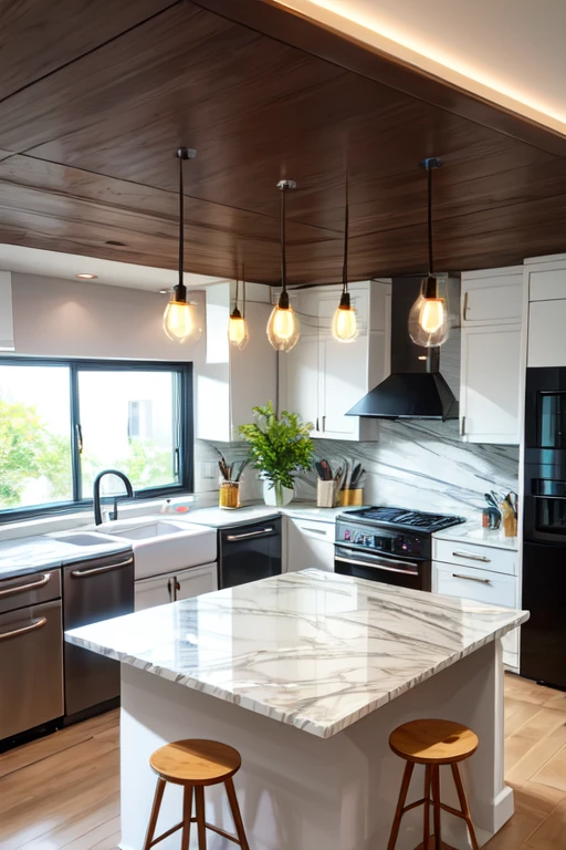Design a modern kitchen with a focus on decor and lighting. The space should exude an inviting atmosphere, incorporating marble decor and textured lighting. The color white and unique marble decor should complement each other, creating a warm environment."