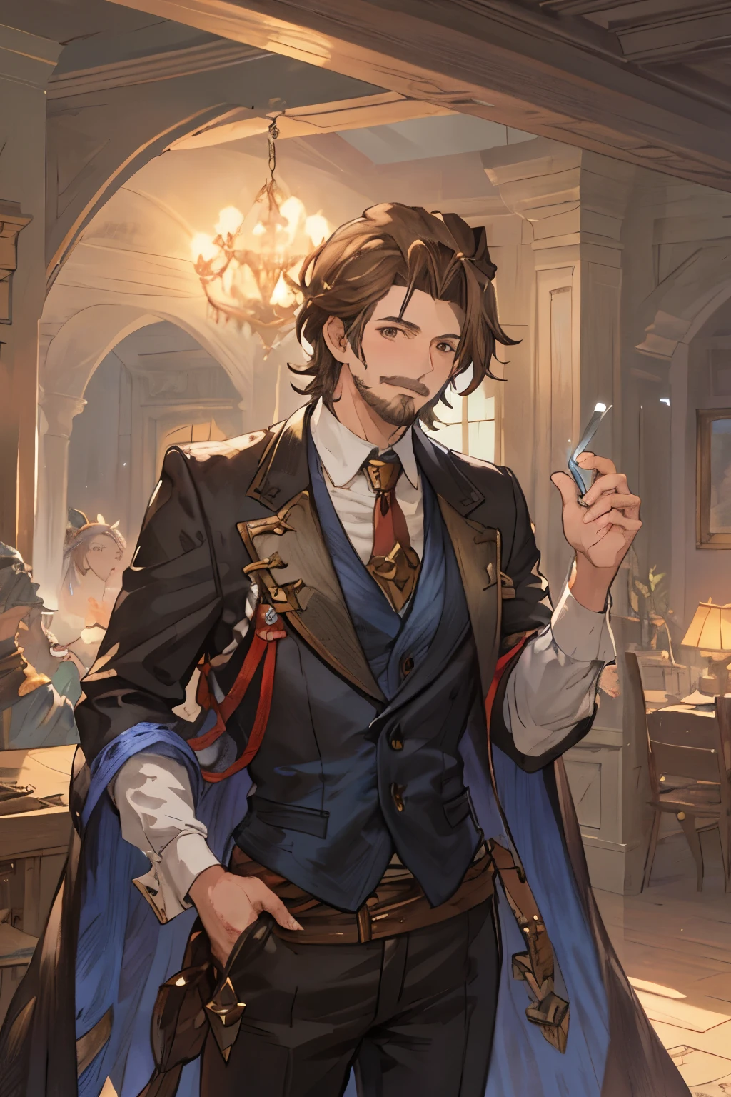 Masterpiece, Best Quality, Ultra-Detailed, 1man, man, mature man, adult man, old man, 45 years old man, brown hair, grizzly hair, brown mustache, mustache, facial hair, short hair, brown eyes, dark brown eyes, deep eyes, brilliant eyes, very beautiful eyes, high fantasy suit, high fantasy formal clothes, looking at you, happy expression, smiling, granblue fantasy style clothes, granblue fantasy clothes style, high fantasy castle background, high fantasy clothes