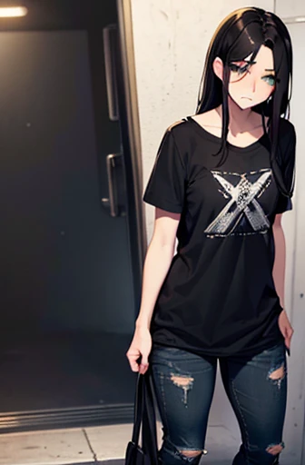 tired face, bag under eyes, green eyes, messy wavy black hair, emo hair, side parted hair, hair over one eye, shoulder length hair, full body, tomboy, masculine clothes, black cargo pants, baggy t-shirt, flat chested, androgynous, fat, shy