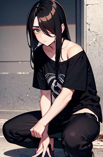 tired face, bag under eyes, green eyes, messy wavy black hair, emo hair, side parted hair, hair over one eye, shoulder length hair, full body, tomboy, masculine clothes, black cargo pants, baggy t-shirt, flat chested, androgynous, fat, shy