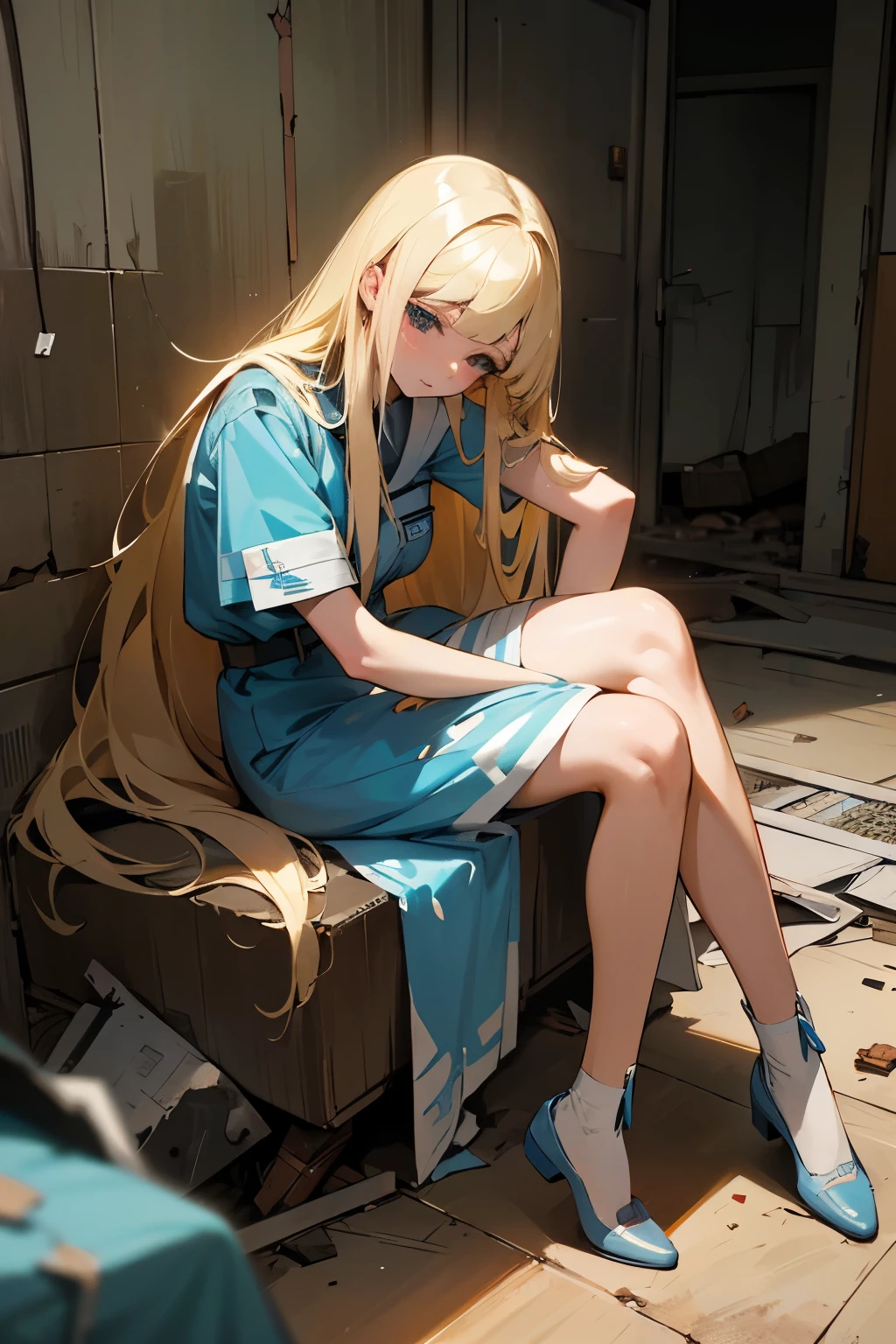 Jessica has long blonde hair, pele limpa e olhos azuis. do it in an abandoned and destroyed hospital. she is sitting in a corner making patches on her injured leg. there's a tear running down your face.