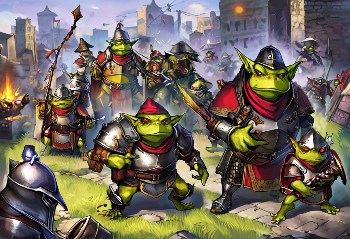 A squad of elite goblins that worship a goblin sized toad, (the squad has a fighter, cleric, wizard, and thief all of them are evil, cowardly, and dressed in garbage versions of heroic armor)