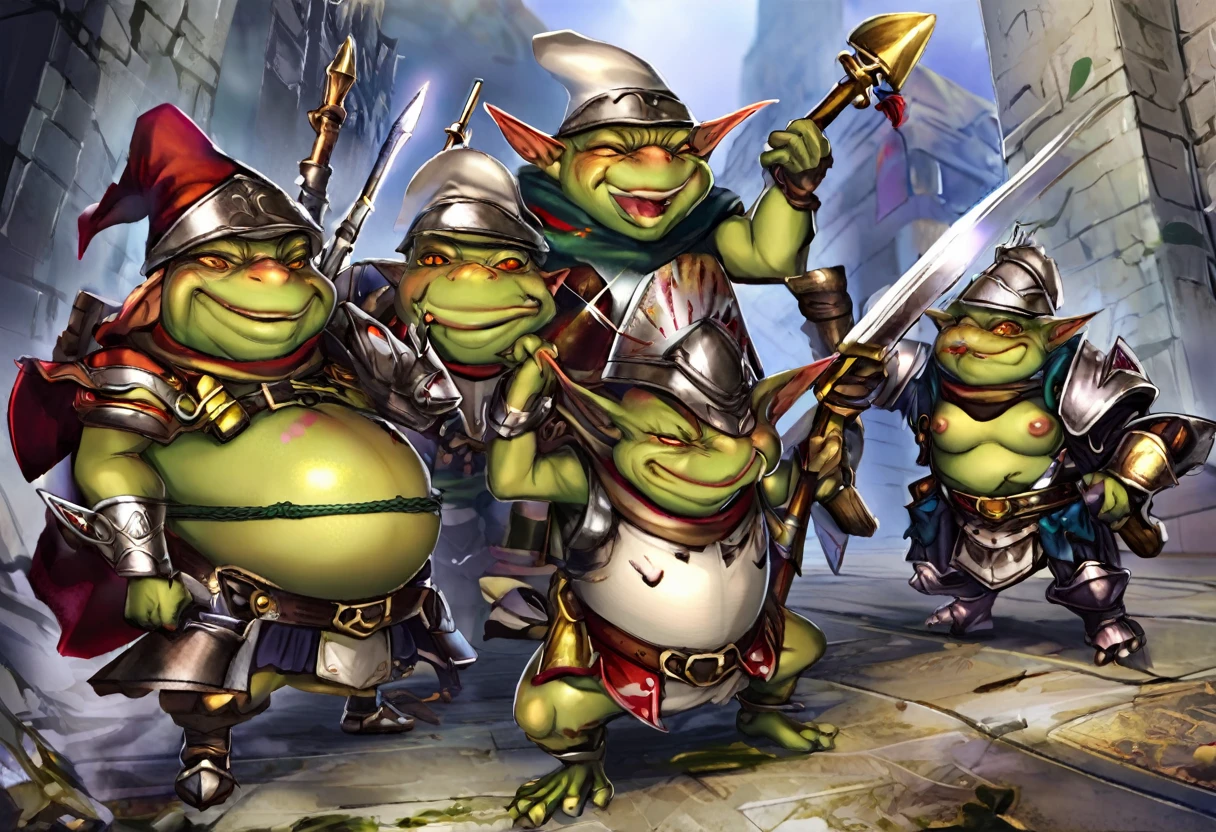 A squad of elite goblins that worship a goblin sized toad, (the squad has a fighter, cleric, wizard, and thief all of them are evil, cowardly, and dressed in garbage versions of heroic armor)