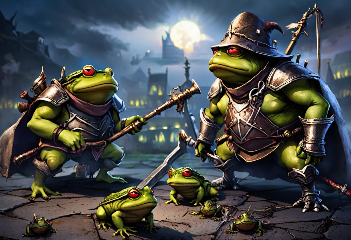 a squad of elite goblins worshiping a giant toad, evil cowardly goblins dressed in garbage heroic armor, fighter cleric wizard thief, highly detailed, photorealistic, cinematic lighting, dark fantasy, dynamic pose