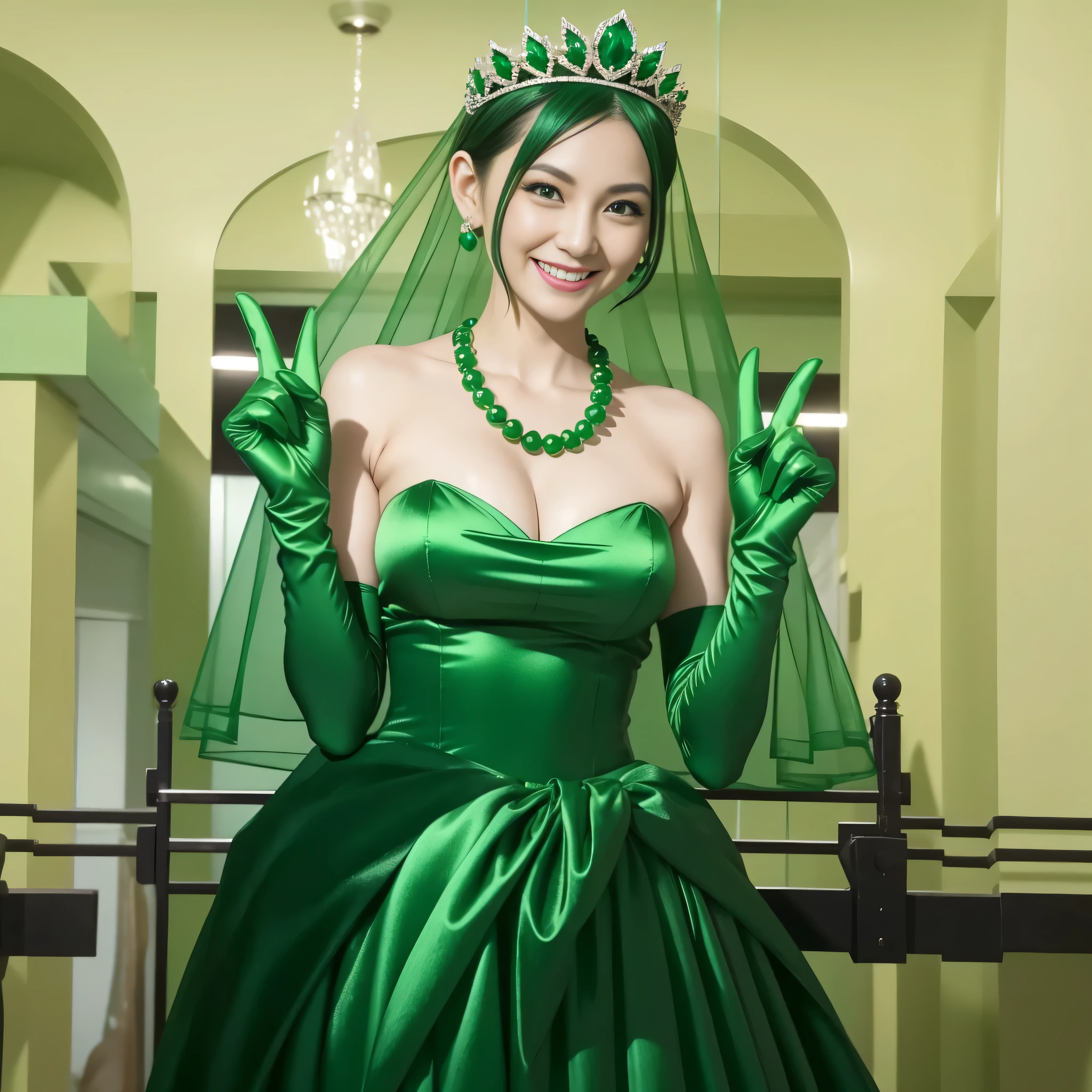 Emerald tiara, Green Pearl Necklace, Boyish very short green hair, lipstick, Smiling Japanese woman in her 30s, Very short hair, Big and beautiful, Green Eyes, Long green satin gloves, Big Breasts, V sign, Emerald Earrings, Green veil,Big Breasts