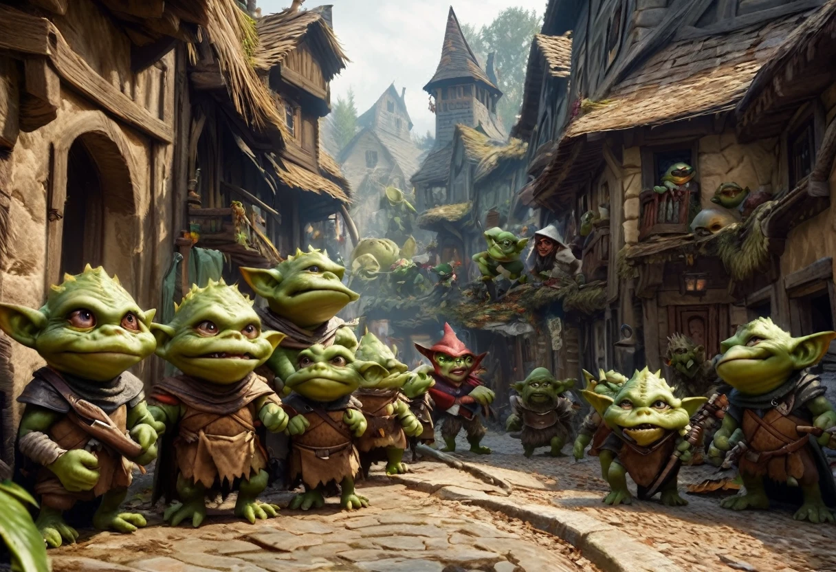 a squad of elite goblins, goblin sized toad, fighter goblin, cleric goblin, wizard goblin, thief goblin, evil goblins, cowardly goblins, garbage heroic armor, high quality, detailed, photo realistic, fantasy art