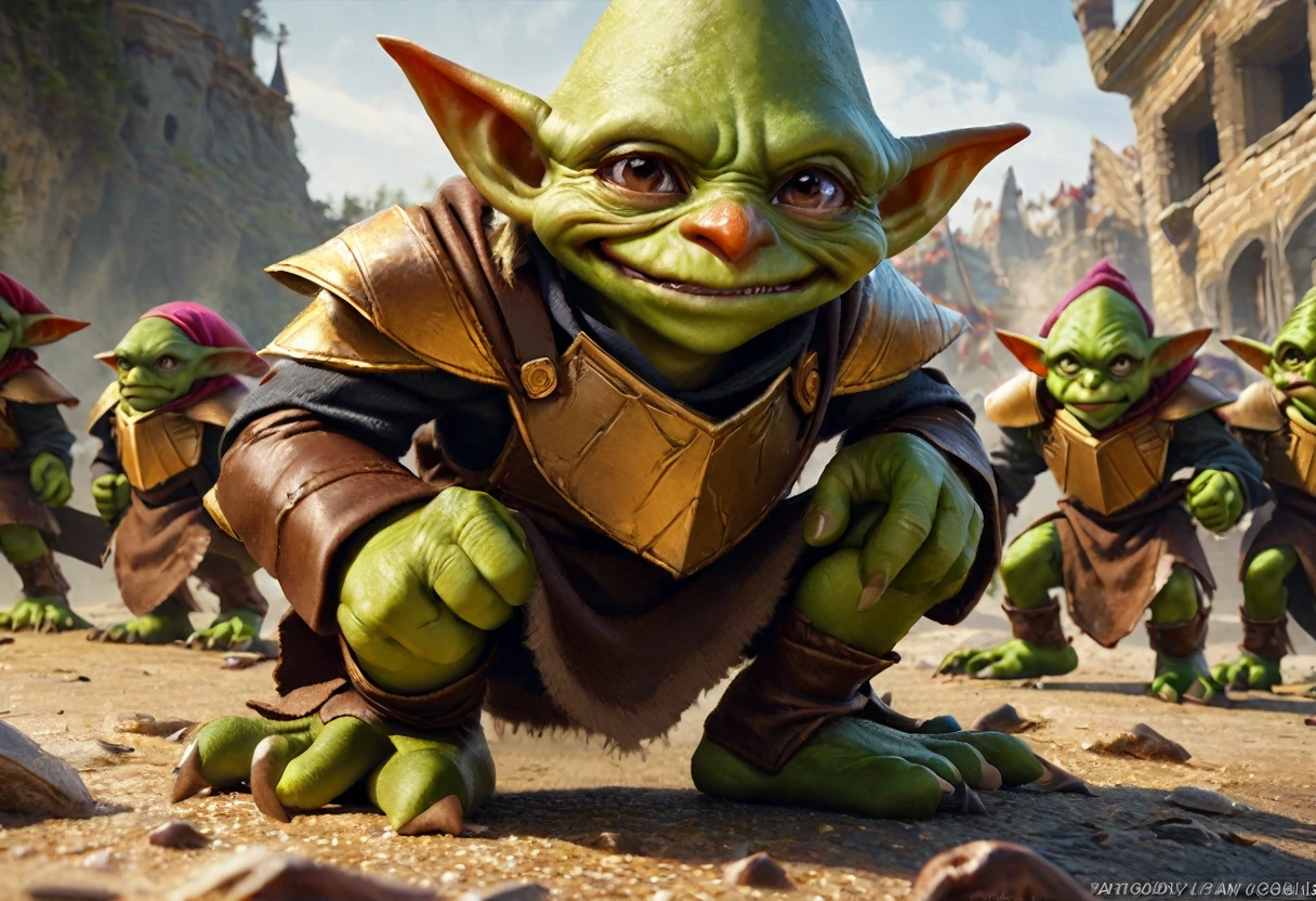a squad of elite goblins, goblin sized toad, fighter goblin, cleric goblin, wizard goblin, thief goblin, evil goblins, cowardly goblins, garbage heroic armor, high quality, detailed, photo realistic, fantasy art