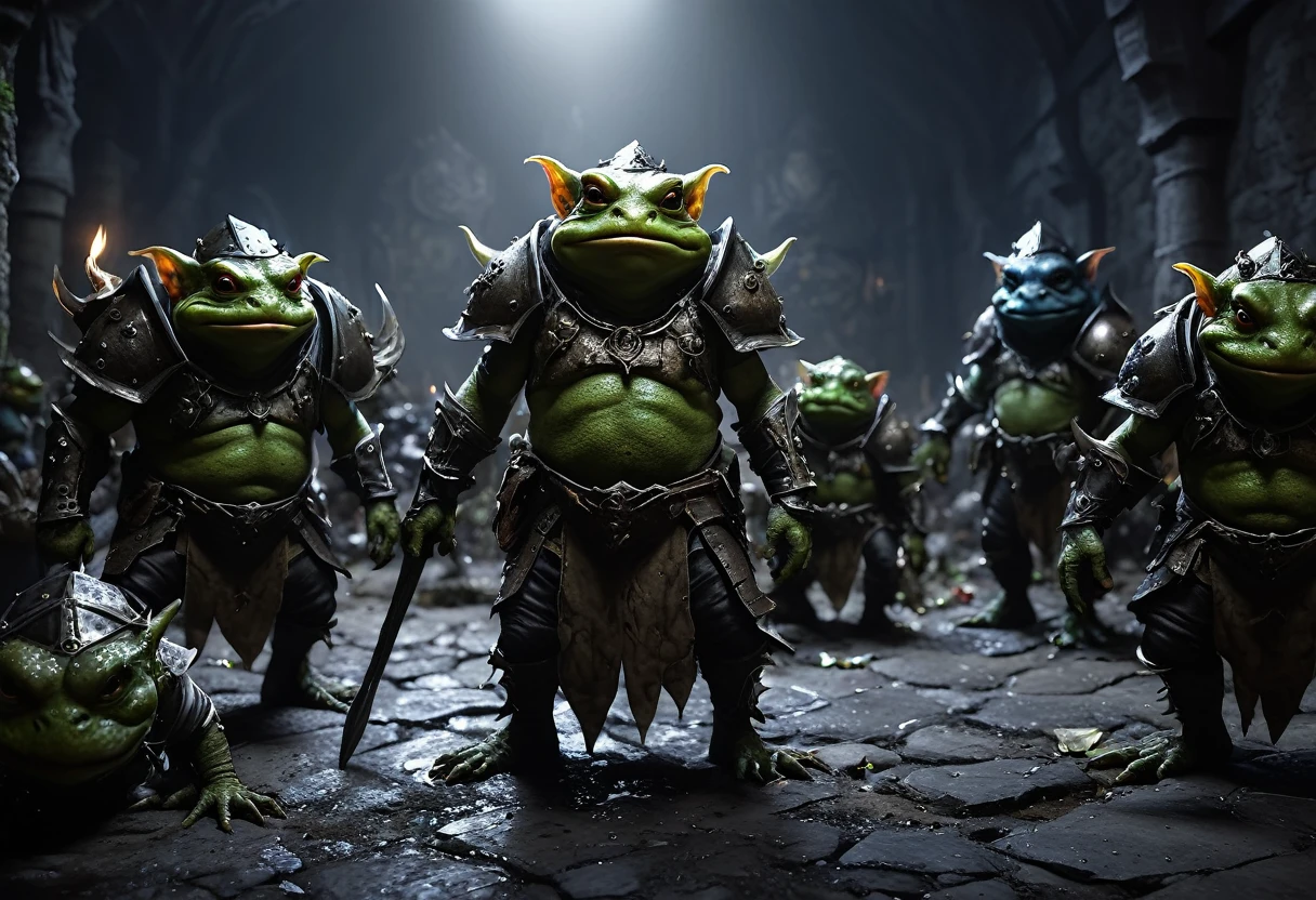 a squad of elite goblins worshiping a massive toad, 1 fighter goblin, 1 cleric goblin, 1 wizard goblin, 1 thief goblin, all evil and cowardly, wearing garbage versions of heroic armor, detailed goblins, extremely detailed toad, fantasy, dark art, gritty, moody lighting, cinematic, (best quality,4k,8k,highres,masterpiece:1.2),ultra-detailed,(realistic,photorealistic,photo-realistic:1.37),digital painting, concept art, dark fantasy, dramatic lighting