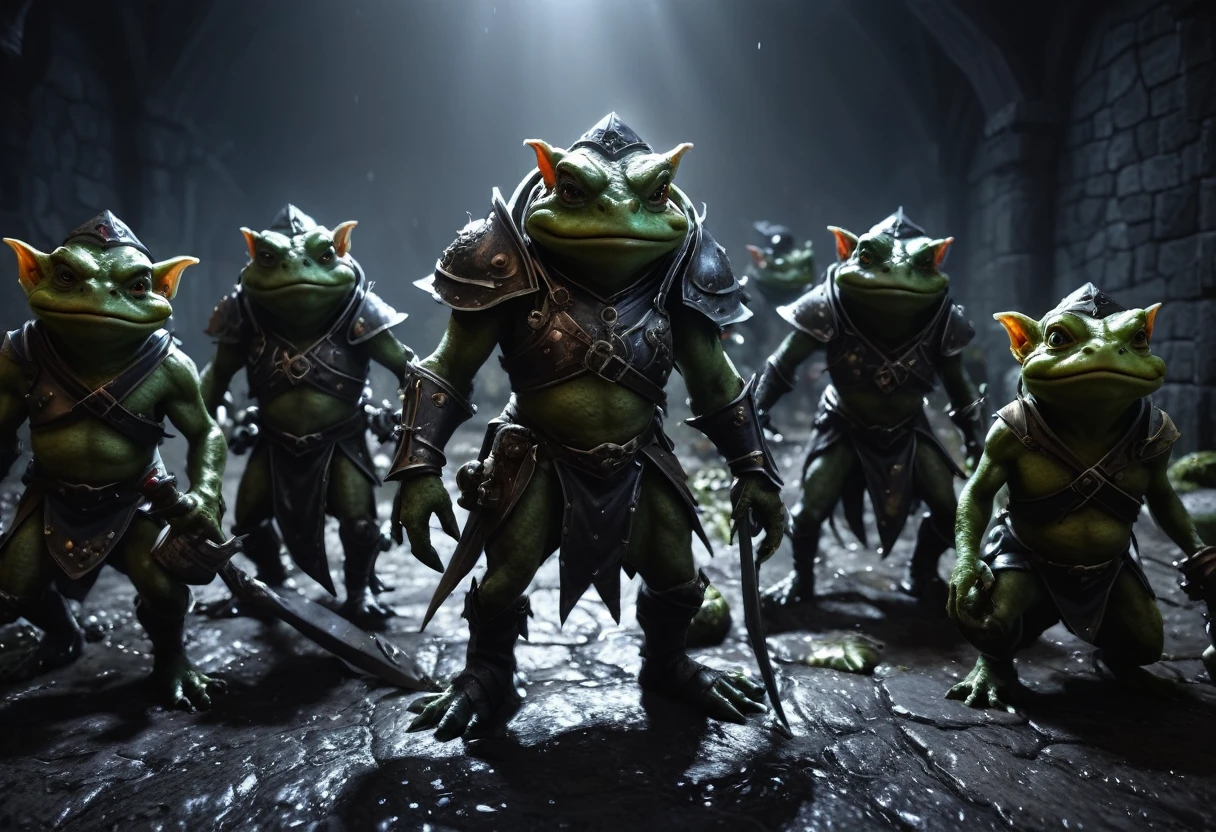 a squad of elite goblins worshiping a massive toad, 1 fighter goblin, 1 cleric goblin, 1 wizard goblin, 1 thief goblin, all evil and cowardly, wearing garbage versions of heroic armor, detailed goblins, extremely detailed toad, fantasy, dark art, gritty, moody lighting, cinematic, (best quality,4k,8k,highres,masterpiece:1.2),ultra-detailed,(realistic,photorealistic,photo-realistic:1.37),digital painting, concept art, dark fantasy, dramatic lighting