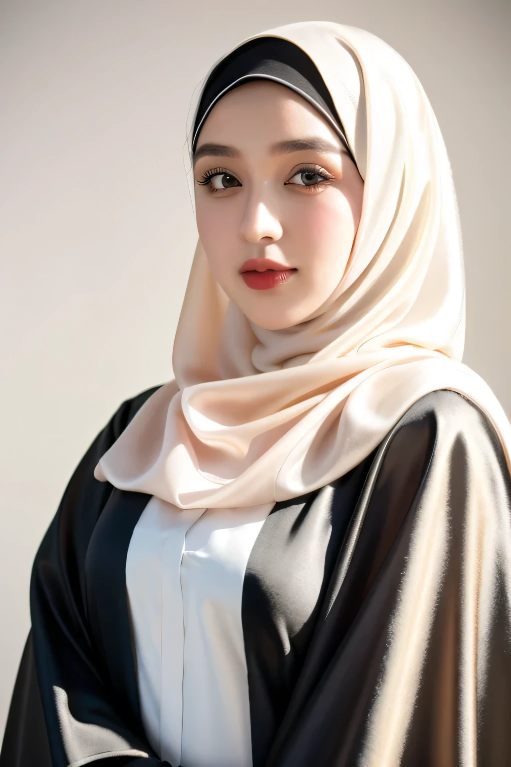 RAW photo of a 24 year old girl wearing hijab, satin abaya, satin, hijab face portrait, neutral background, 8k uhd, dslr, soft lighting, high quality, film grain, Fujifilm XT3, covered dress, decent dress