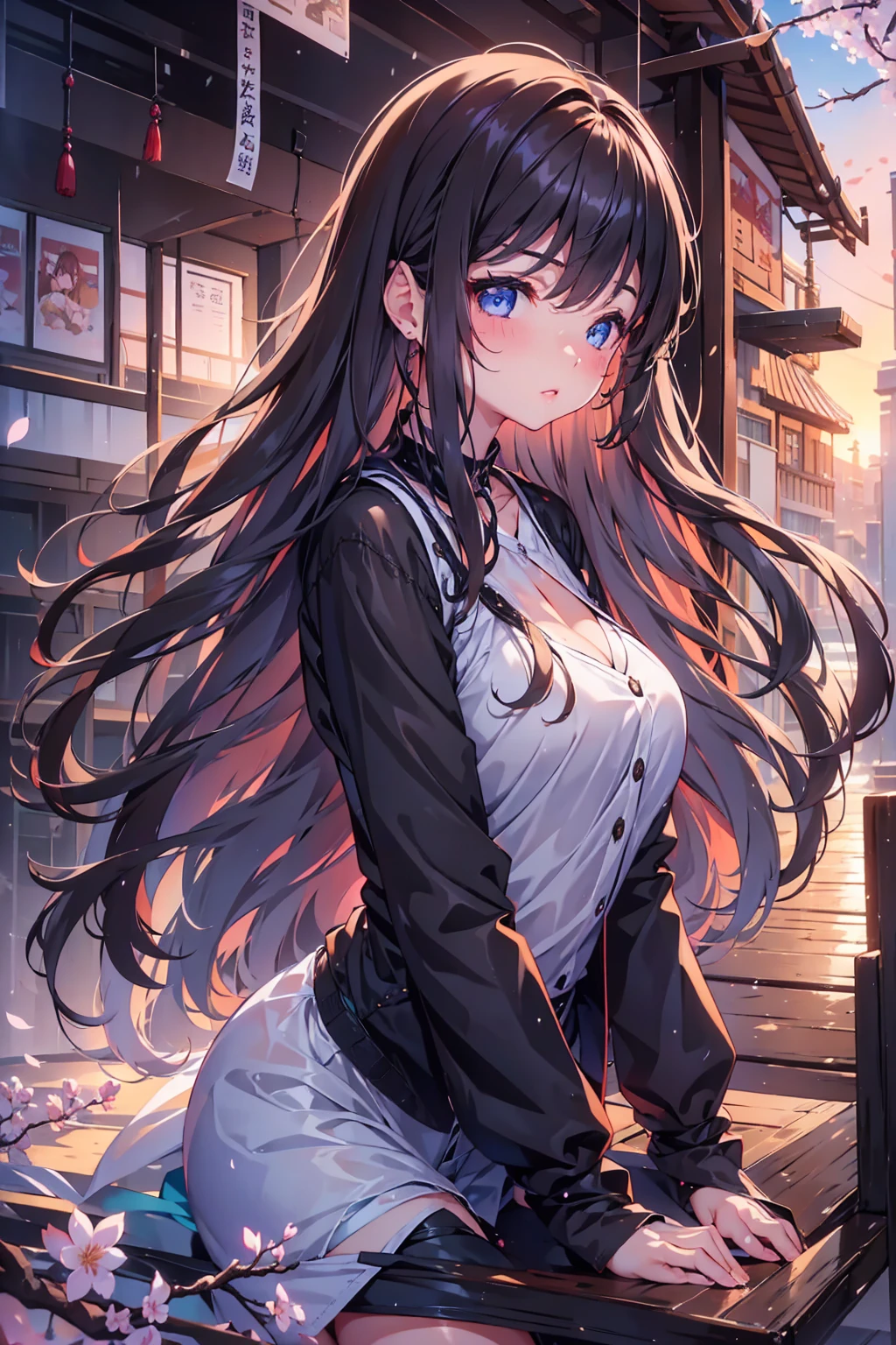 1 female、whole body、bottom angle、brown hair、long hair、well-groomed face、dense lips、blue eyes、blue cardigan、valley、slim、black shorts、cherry blossoms、cherry blossoms snowstorm、petal、hot spring town、old buildings、sunset、masterpiece、ultra high resolution、delicate、perfect lighting、sunlight、16K