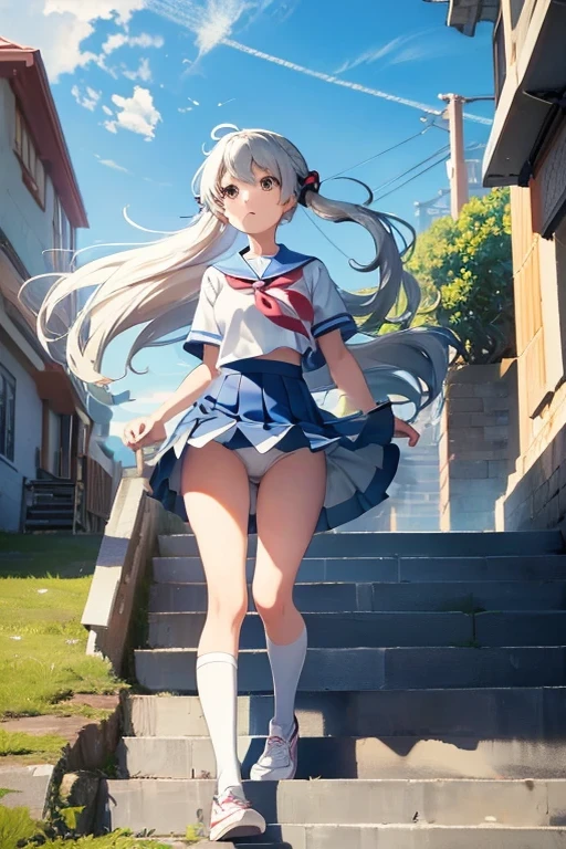 The wind is blowing my skirt away。Running up the stairs。Anime uniform girl。The lining of the skirt is visible。White underwear is visible。Pokemon Girl。Low Angle。The wind is blowing my skirt away。