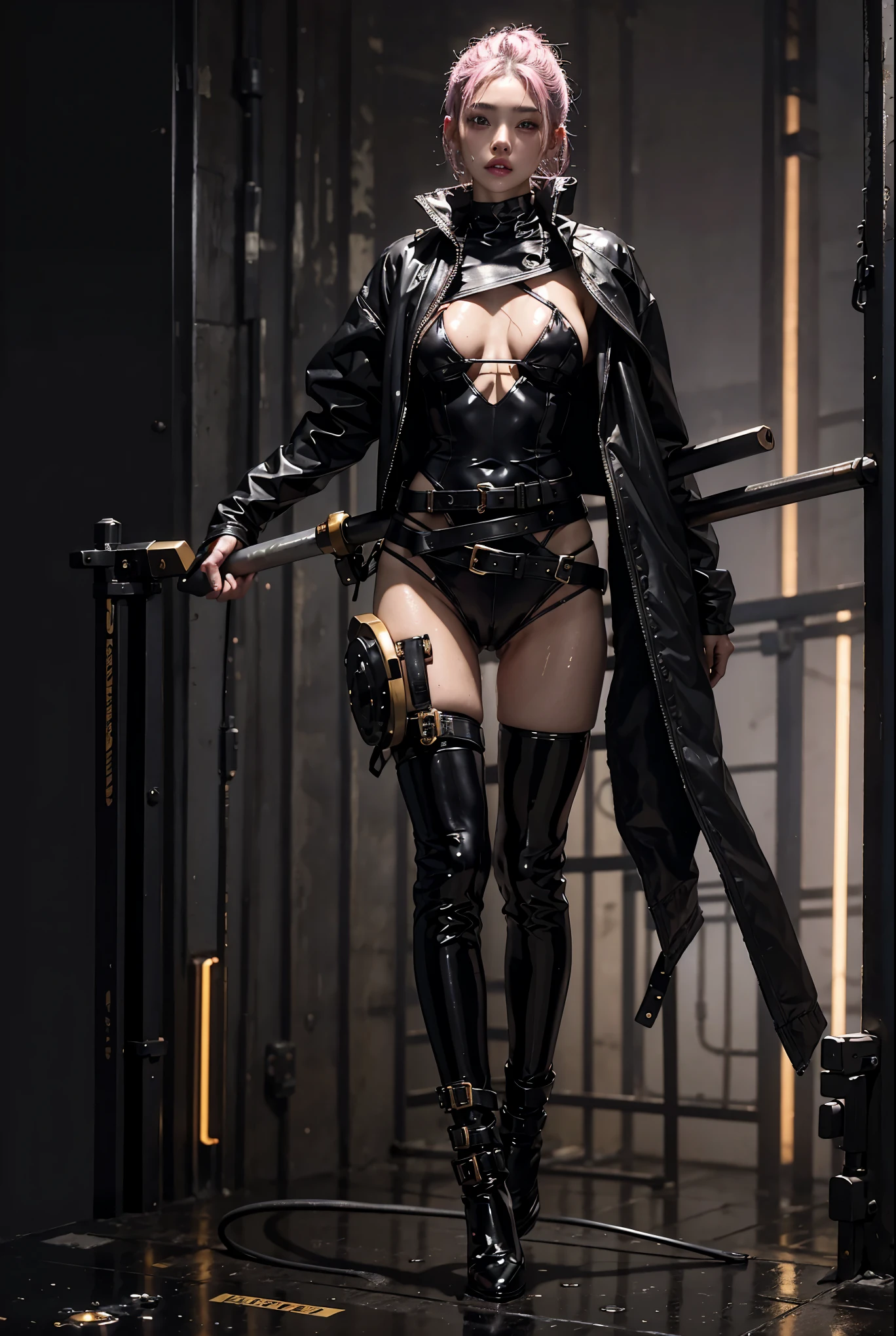 highest quality、surreal、perfect anatomy、Wet and shiny white skin、model body shape、Sweat dripping all over the body、Super small face、Ahegao、Cyberpunk City、Black urban techwear、Pink, silver and gold hair、Black micro bikini、Neon lights、tattoo、Japanese sword、Ultra Low Rise、