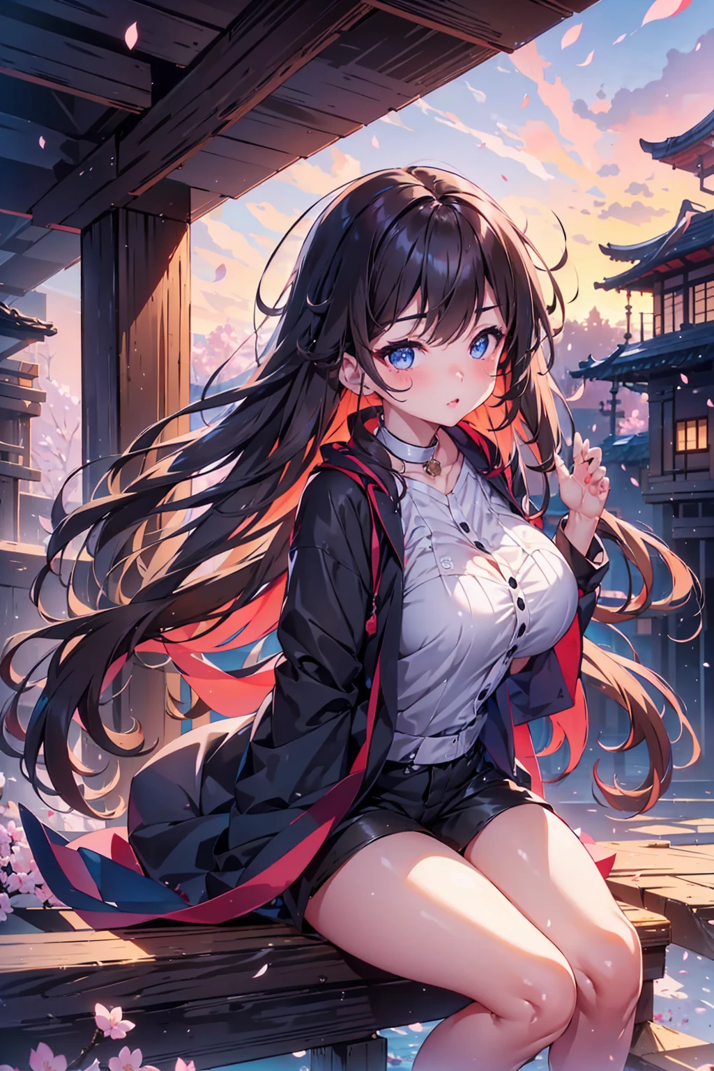 1 female、whole body、bottom angle、brown hair、long hair、well-groomed face、dense lips、blue eyes、blue cardigan、valley、slim、black shorts、cherry blossoms、cherry blossoms snowstorm、petal、hot spring town、old buildings、sunset、masterpiece、ultra high resolution、delicate、perfect lighting、sunlight、16K