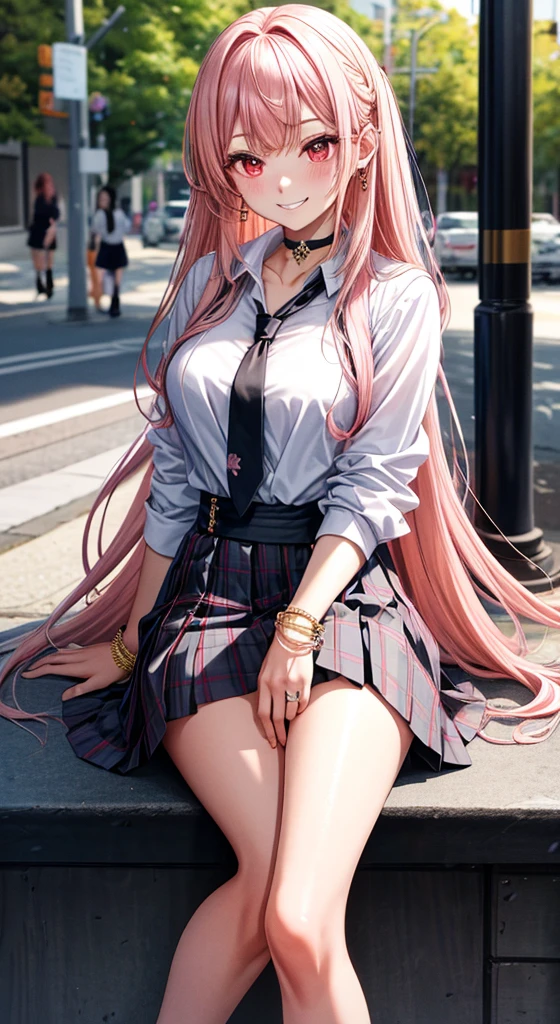 masterpiece, best quality, 1girl, long hair, bored, sitting, feet up, soles, forest bangs, black choker, black necktie, blonde hair, blue skirt, blush, bracelet, breasts, choker, clothes around waist, collarbone, collared shirt, cowboy shot, dress shirt, ear piercing, eyebrows visible through hair, gradient hair, grin, gyaru, jewelry, kogal, long hair, looking at viewer, loose necktie, necktie, piercing, plaid, plaid skirt, pleated skirt, red eyes, ring, , shirt, skirt, smile, solo, white shirt, street, sky, cherry blossoms, petals, Pink Hair,(Bikini)