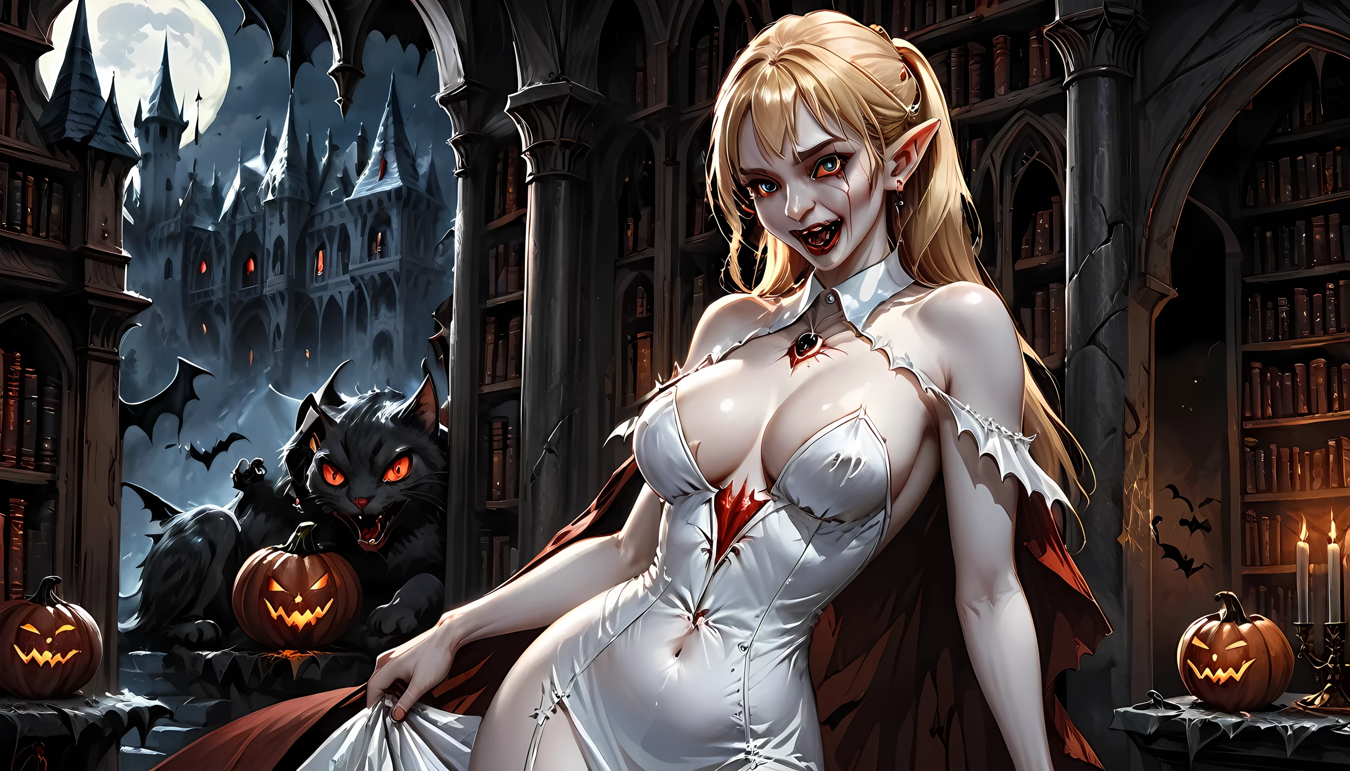 arafed a picture of elf vampire in her castle and her pet epic cat an exquisite beautiful female elf vampire (ultra details, Masterpiece, best quality), bloody mouth blond hair, pale skin, hair in a ponytail, long hair, blue eyes, cold eyes, smirking, wearing white dress (ultra details, Masterpiece, best quality), red cloak, in dark fantasy library, with an big cat (ultra details, Masterpiece, best quality: 1.5) book shelves, arafed high details, best quality, 16k, [ultra detailed], masterpiece, best quality, (ultra detailed), full body, ultra wide shot, photorealism, RAW, dark fantasy art, gothic art, ArmoredDress, Dark Novel, Dark Art Painting Style