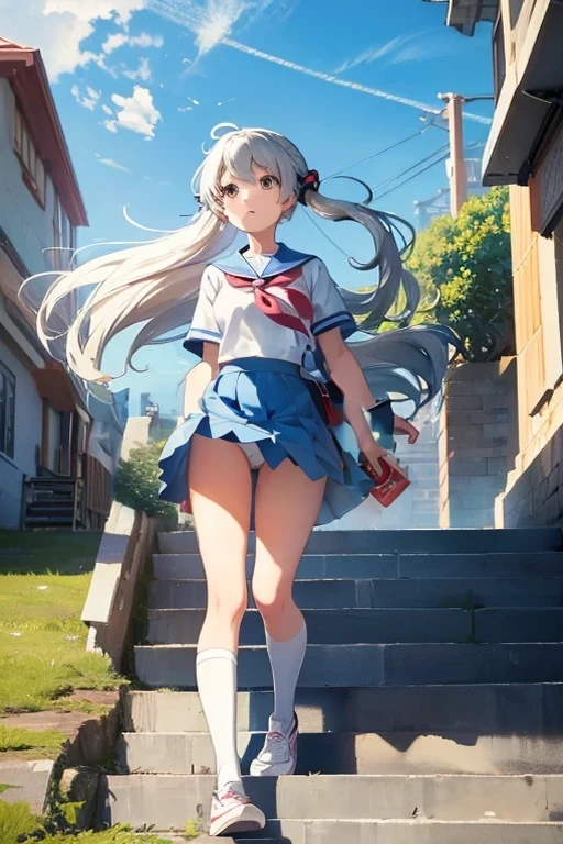 The wind is blowing my skirt away。Running up the stairs。Anime uniform girl。The lining of the skirt is visible。White underwear is visible。Pokemon Girl。Low Angle。The wind is blowing my skirt away。