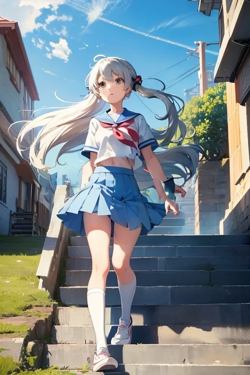 The wind is blowing my skirt away。Running up the stairs。Anime uniform girl。The lining of the skirt is visible。White underwear is visible。Pokemon Girl。Low Angle。The wind is blowing my skirt away。