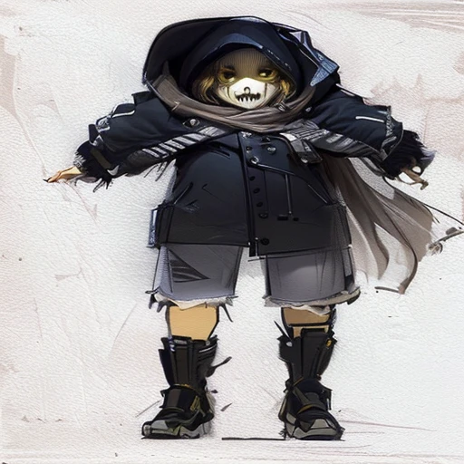 a drawing of a girl in a black coat and scarf, full body concept, full body portrait of a short!, full body with costume, !!full body portrait!!, full body picture, detailed full body concept, ( ( character concept art ) ), full body character, some grungy markings, full body details, clear outfit design, new costume concept design, creepy explorer sketch