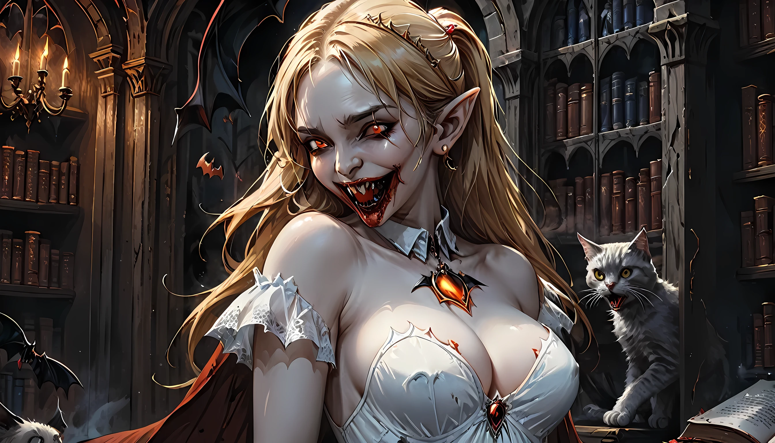 arafed a picture of elf vampire in her castle and her pet epic cat an exquisite beautiful female elf vampire (ultra details, Masterpiece, best quality), bloody mouth blond hair, pale skin, hair in a ponytail, long hair, blue eyes, cold eyes, smirking, wearing white dress (ultra details, Masterpiece, best quality), red cloak, in dark fantasy library, with an big cat (ultra details, Masterpiece, best quality: 1.5) book shelves, arafed high details, best quality, 16k, [ultra detailed], masterpiece, best quality, (ultra detailed), full body, ultra wide shot, photorealism, RAW, dark fantasy art, gothic art, ArmoredDress, Dark Novel, Dark Art Painting Style