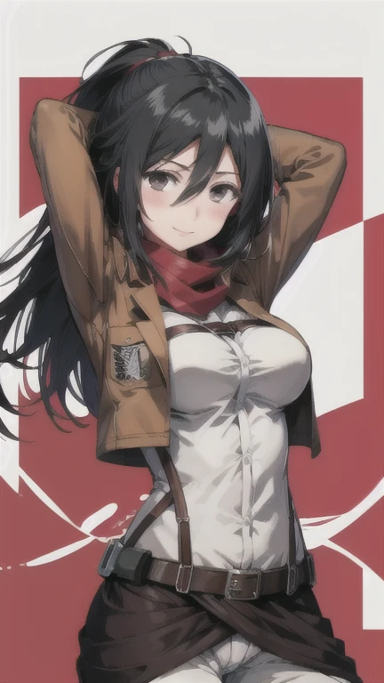 Mikasa Ackerman,Big Breasts,Red scarf,Black jacket,Black shorts,Blushing,Smiling expression,Seaside,Put your hands on your head