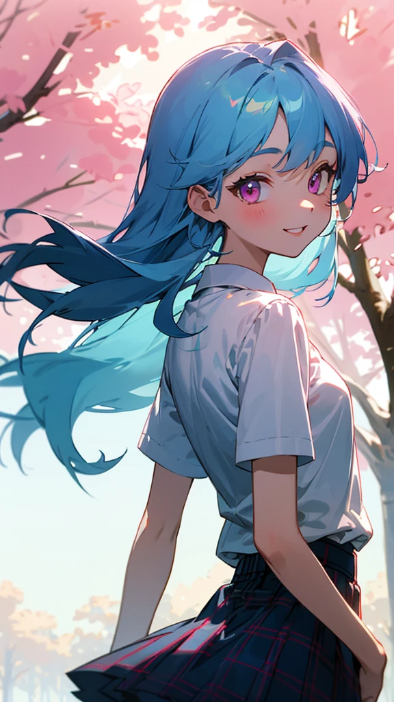 16 year old girl、light blue hair、pink eyes、smile、small breasts、from the back、white blouse shirt、plaid skirt、Under the bright light of the sunlight filtering through the trees、sharp outline