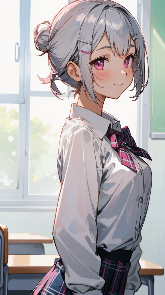 silver short hair and bob hair、Hair tied up in a bun with a hair clip、pink eyes、White blouse shirt、Tartan checked skirt、Upper body、From the side、smile、After-school classroom