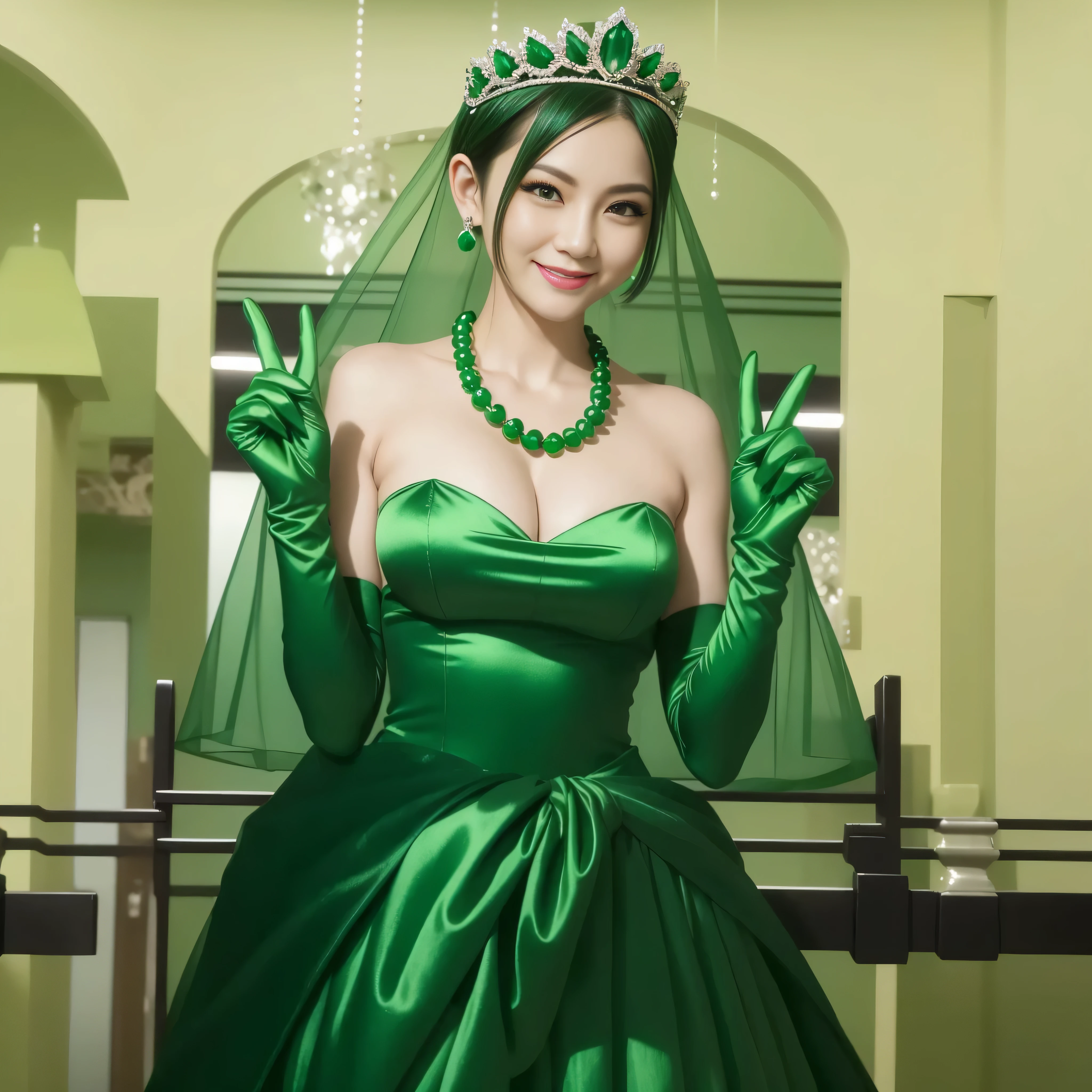 Emerald tiara, Green Pearl Necklace, Boyish very short green hair, lipstick, Smiling Japanese woman in her 30s, Very short hair, Big and beautiful, Green Eyes, Long green satin gloves, , V sign, Emerald Earrings, Green veil,Big Breasts
